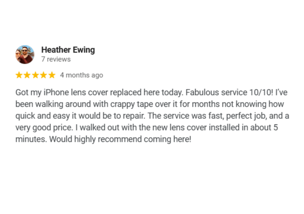 A customer review of iRepair Tech, showing a high star rating and positive comments about their reliable laptop repair.