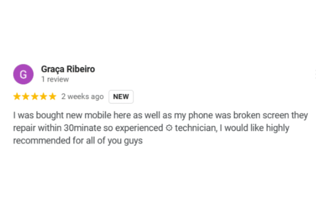 Text of a 5-star customer review for iRepair Tech, praising their fast iPhone screen repair.