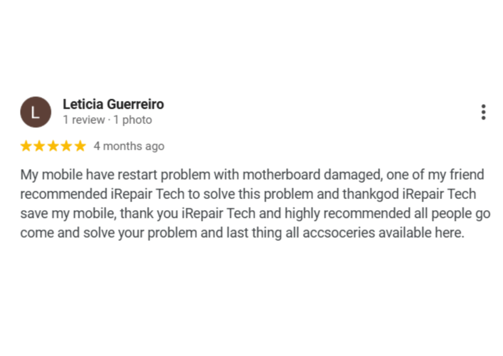 Screenshot of a positive customer review for iRepair Tech, highlighting excellent service