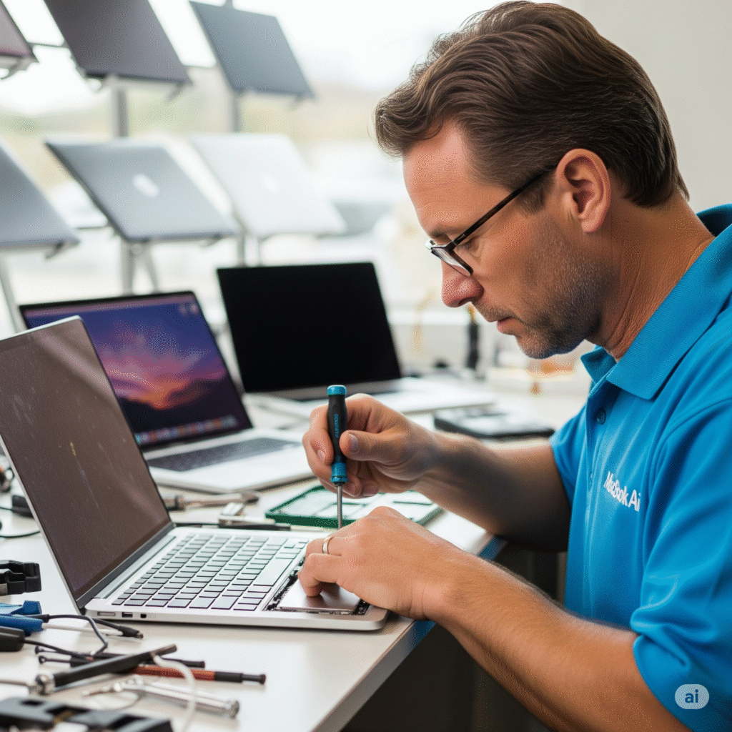 A professional photograph captures a technician, a middle-aged man with short brown hair and glasses, in a bright blue shirt, meticulously working on a MacBook Air in a well-equipped laptop repair shop. His gloved hand carefully maneuvers a tiny screwdriver, highlighting the intricate detail of the repair process. A professional photograph captures a technician, a middle-aged man with short brown hair and glasses, in a bright blue shirt, meticulously working on a MacBook Air in a well-equipped laptop repair shop. His gloved hand carefully maneuvers a tiny screwdriver, highlighting the intricate detail of the repair process.