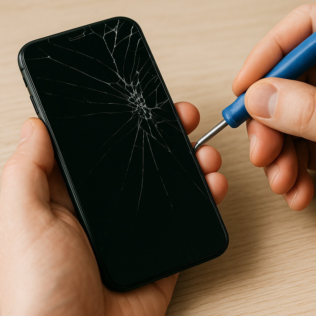 "Hands repairing a cracked smartphone screen using a screwdriver – mobile phone repair in progress" Close-up of a person repairing a smartphone with a cracked screen using a small blue-handled screwdriver, holding the phone firmly on a light wooden surface.